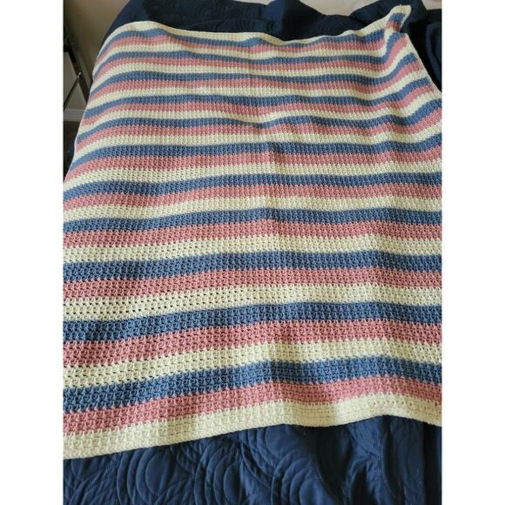 Handmade Large Crocheted Throw Blanket Pink Blue White Nice Quality 54 X 47 in